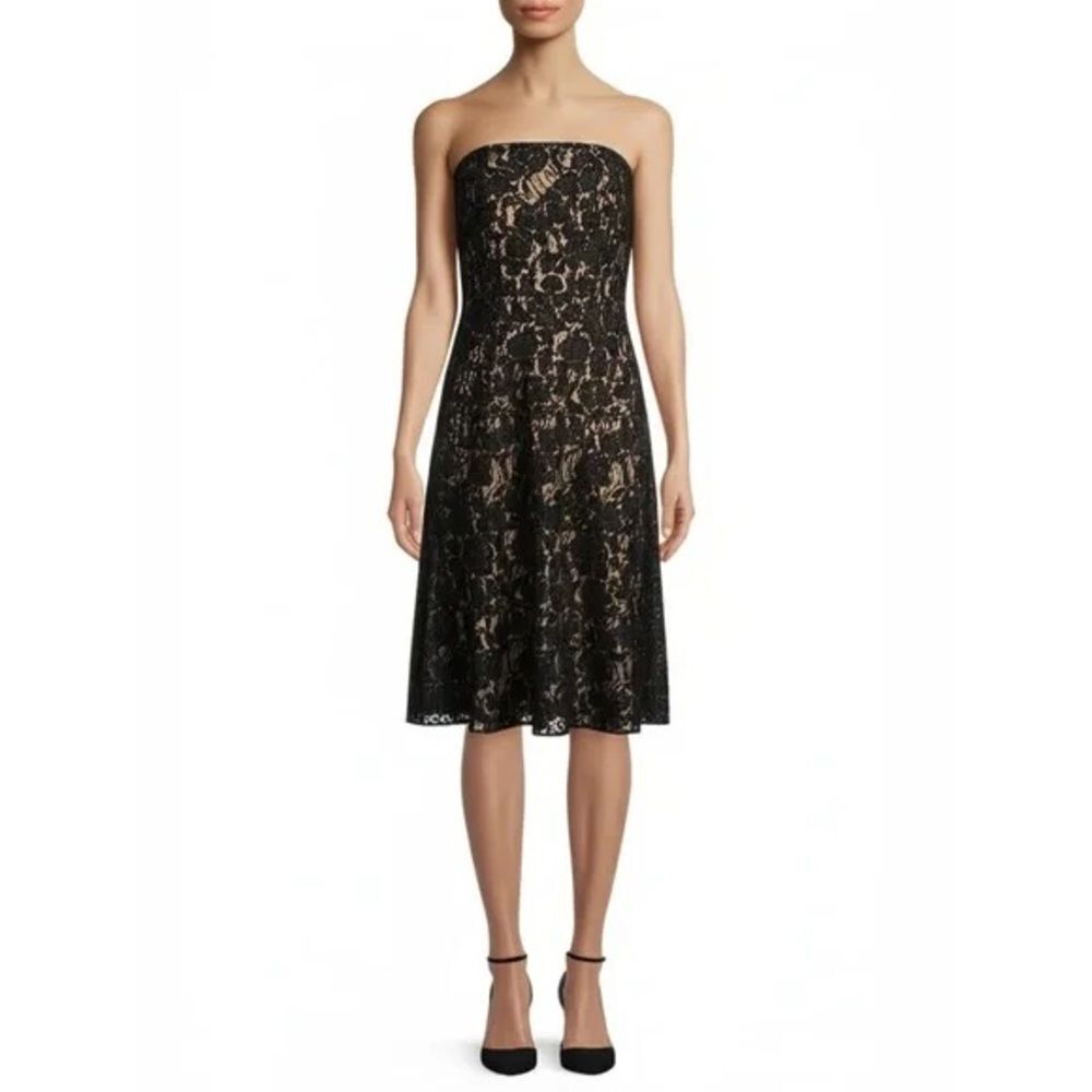 Ann Taylor LOFT Strapless Dress Women's Size 10 Black Lace Over Nude Lining